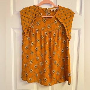 LOFT Marigold blouse with teal flowers; Sz S; Excellent condition